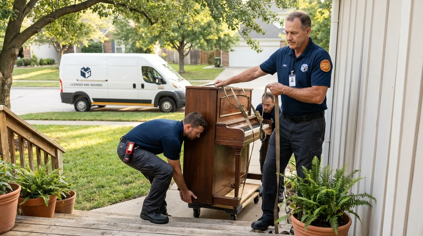 Licensed piano movers securing grand piano in Edgar, WI