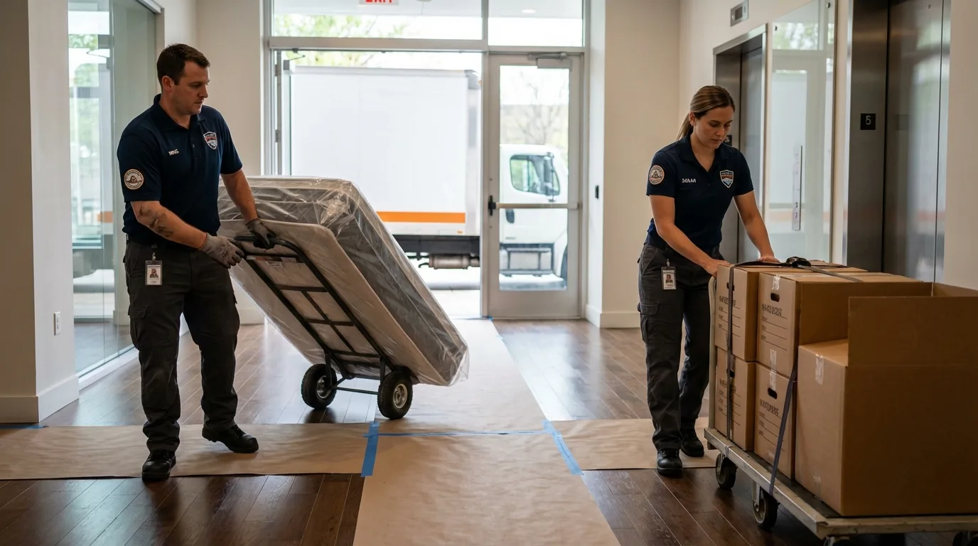 Professional apartment movers loading elevator in Edgar, WI