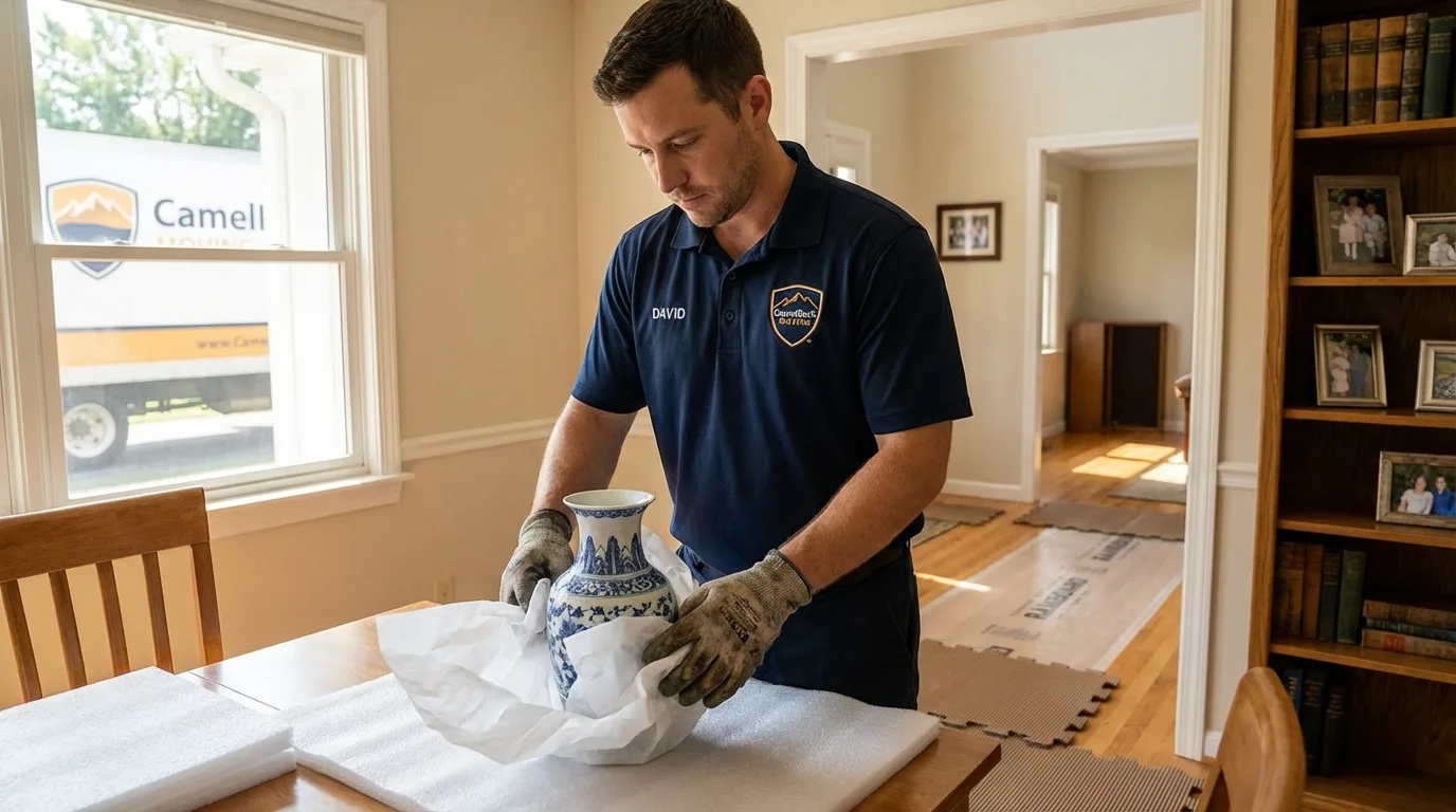Professional crew carefully wrapping antique vase for senior downsizing move in Edgar, WI