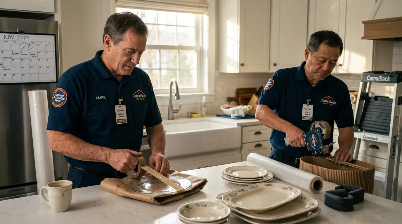 Professional crew packing kitchen dishware in Edgar, WI